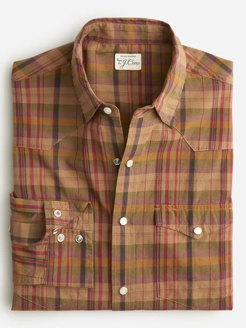 J. Crew Men's Indian Madras Western Pearl Snap Shirt, Medium